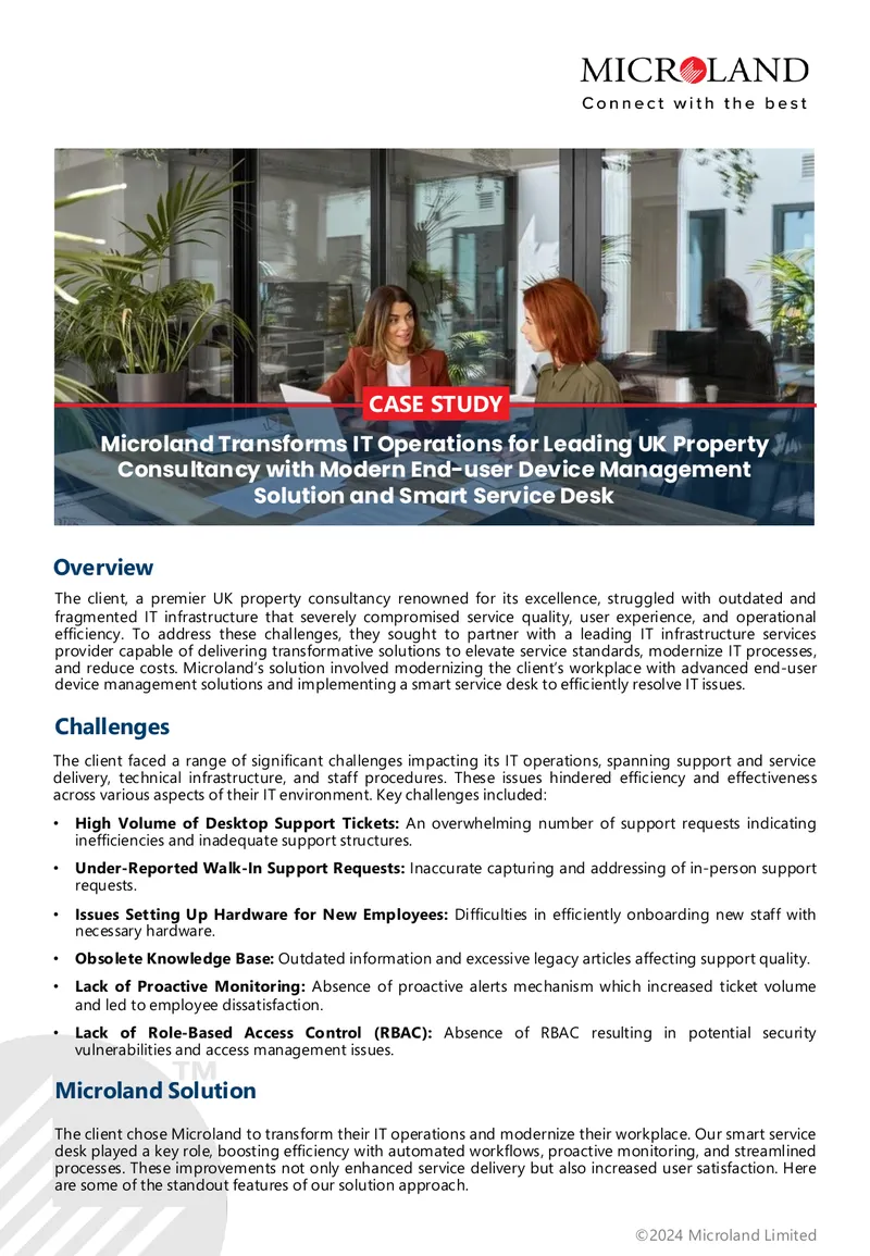 Microland IT Operations Transformation Case Study preview page 1