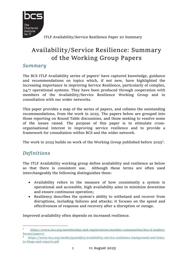 ITLF Availability and Service Resilience Summary preview page 1