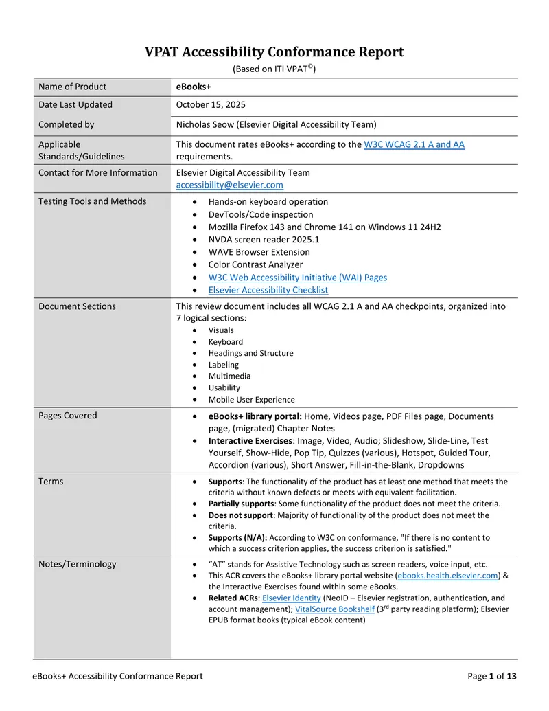 eBooks+ Accessibility Conformance Report preview page 1