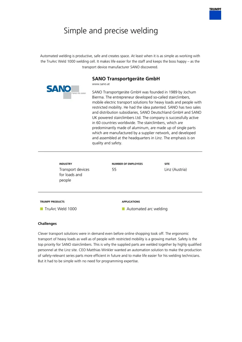Automated Welding Solutions for SANO Transportgeräte preview page 1