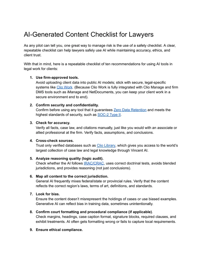 AI-Generated Content Checklist for Lawyers preview page 1