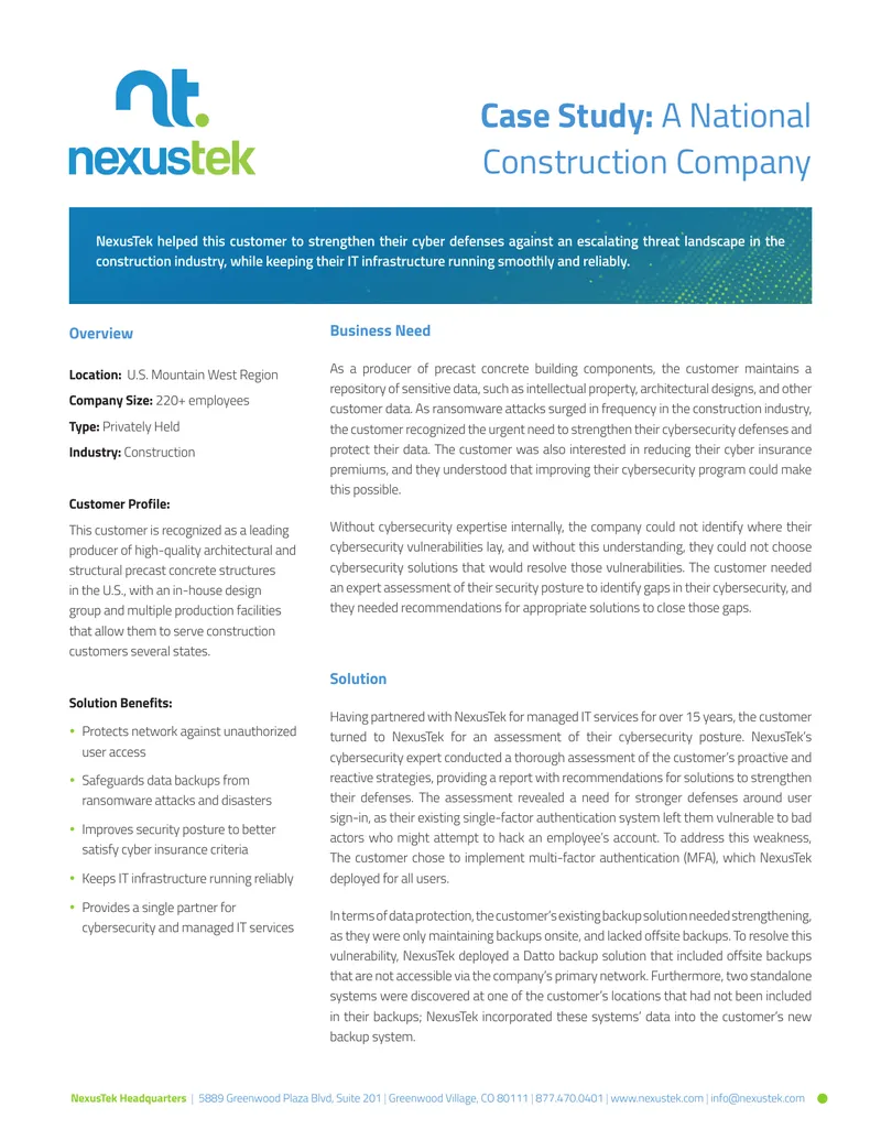 Cybersecurity Enhancement Case Study for Construction Company preview page 1