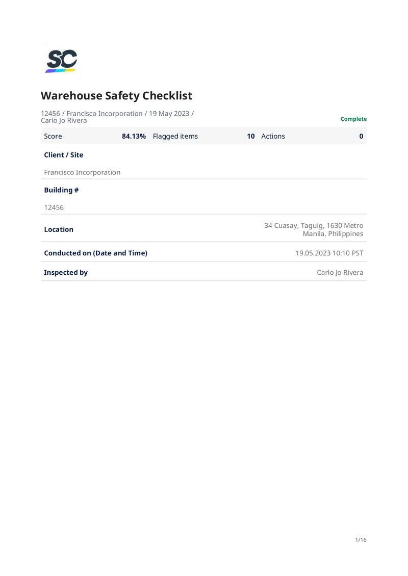 Warehouse Safety Inspection Checklist preview page 1