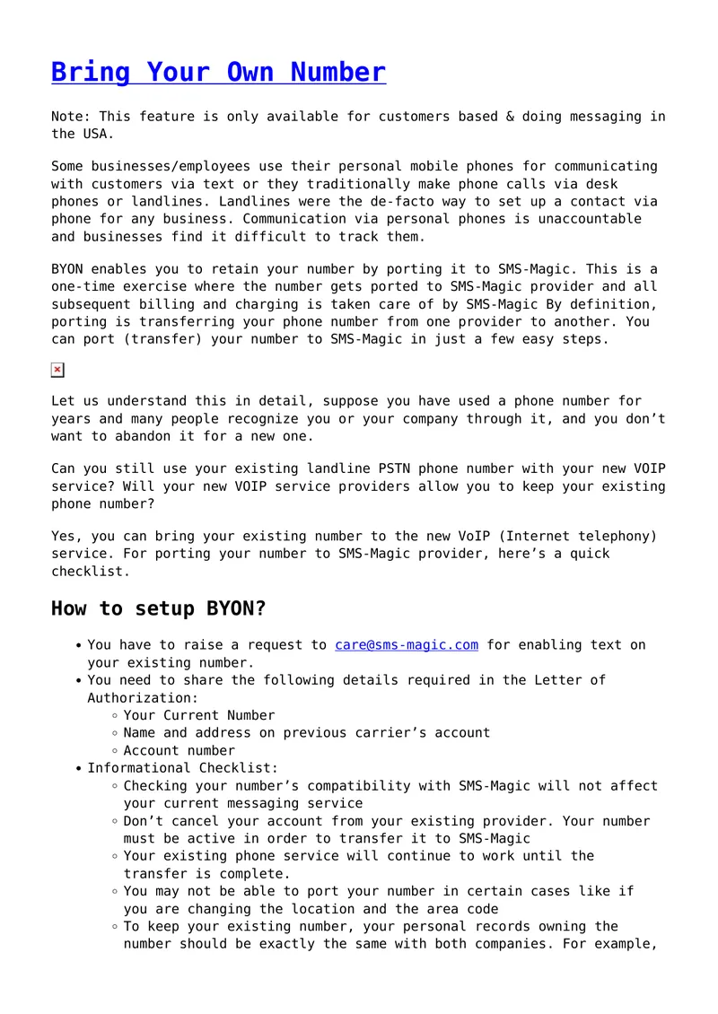Bring Your Own Number Feature Guide preview page 1