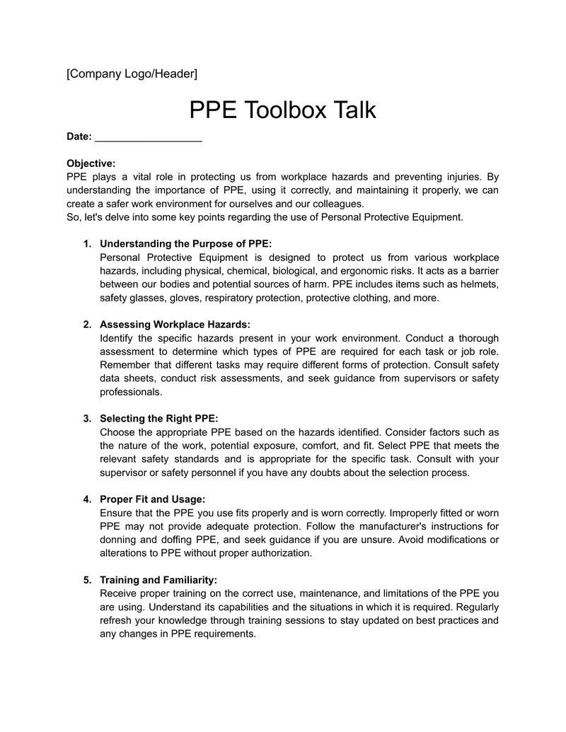 Personal Protective Equipment Toolbox Talk preview page 1