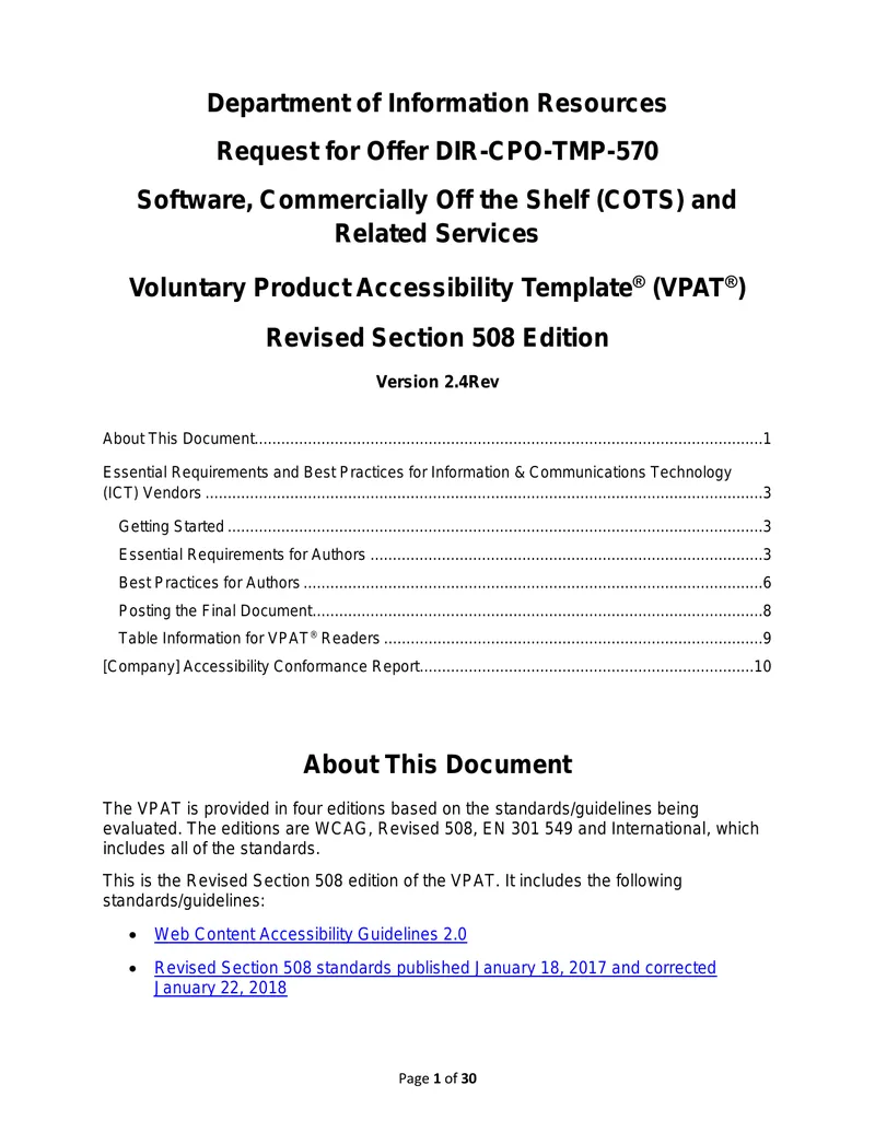 Voluntary Product Accessibility Template Instructions preview page 1
