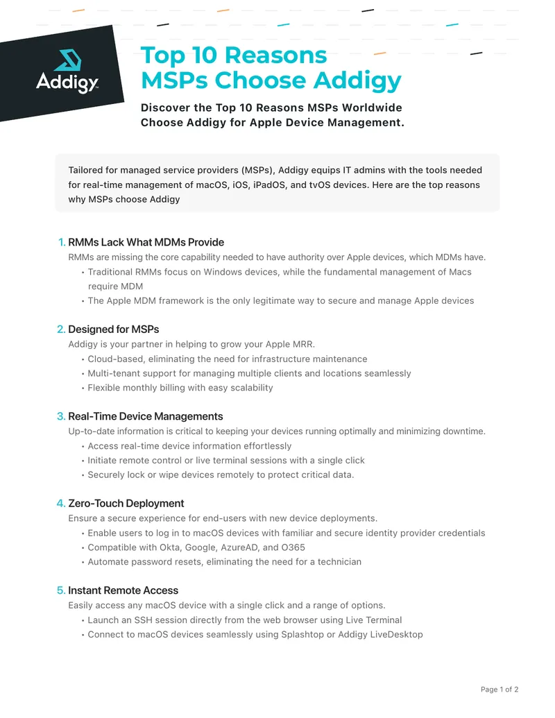 Top Reasons Managed Service Providers Choose Addigy preview page 1