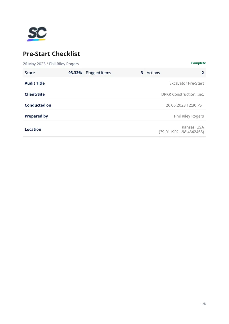 Excavator Pre-Start Checklist Report preview page 1