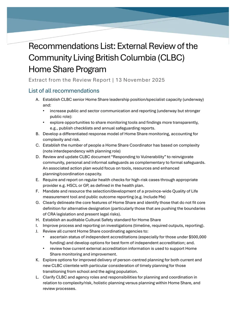 Recommendations for Community Living British Columbia Home Share Program preview page 1