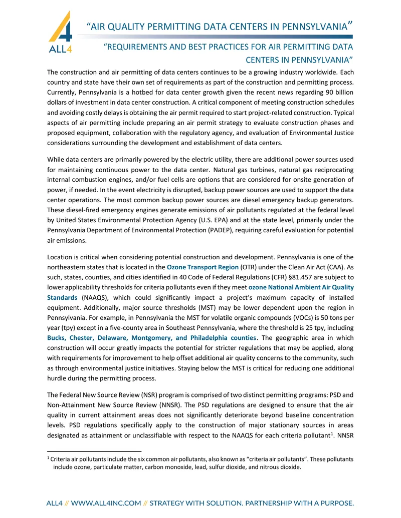 Air Quality Permitting for Data Centers in Pennsylvania preview page 1