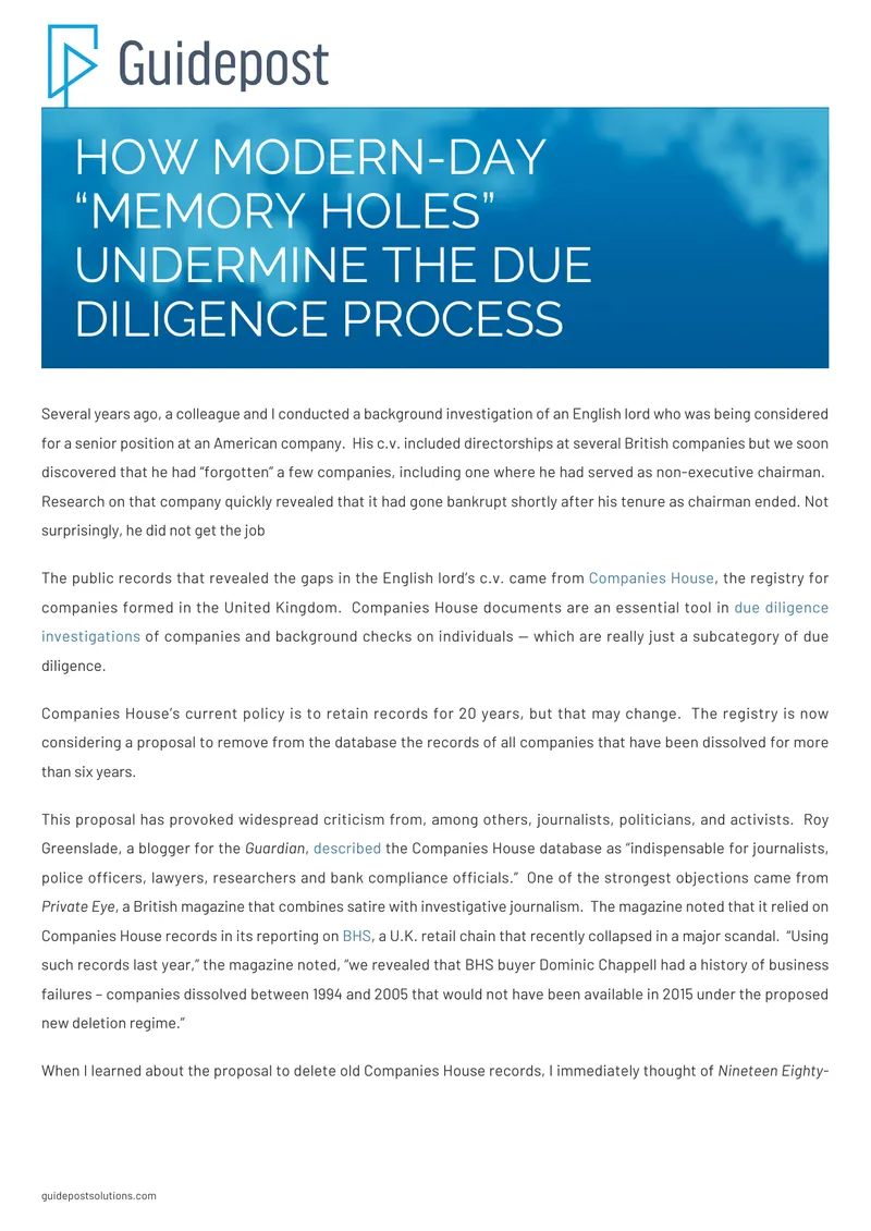Impact of Memory Holes on Due Diligence Processes preview page 1