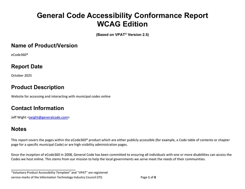 General Code Accessibility Conformance Report preview page 1