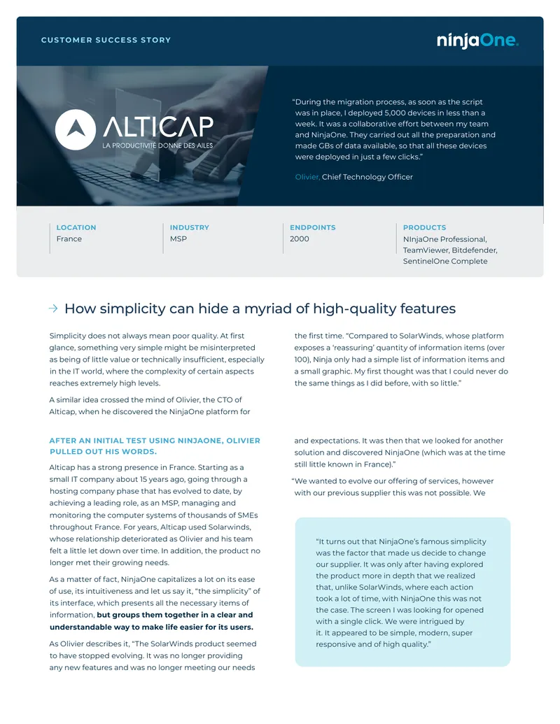 Customer Success Story of Alticap with NinjaOne preview page 1