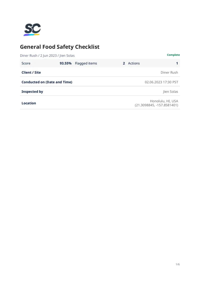 General Food Safety Checklist for Diner Rush preview page 1