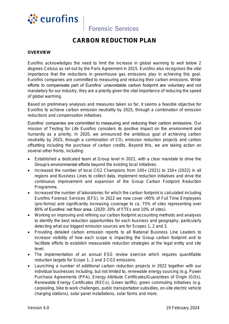 Eurofins Forensic Services Carbon Reduction Plan preview page 1