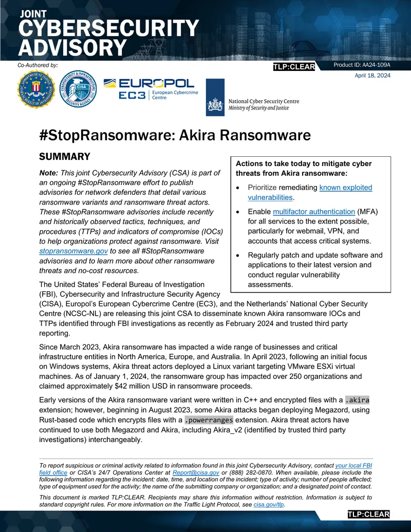 Joint Cybersecurity Advisory on Akira Ransomware preview page 1