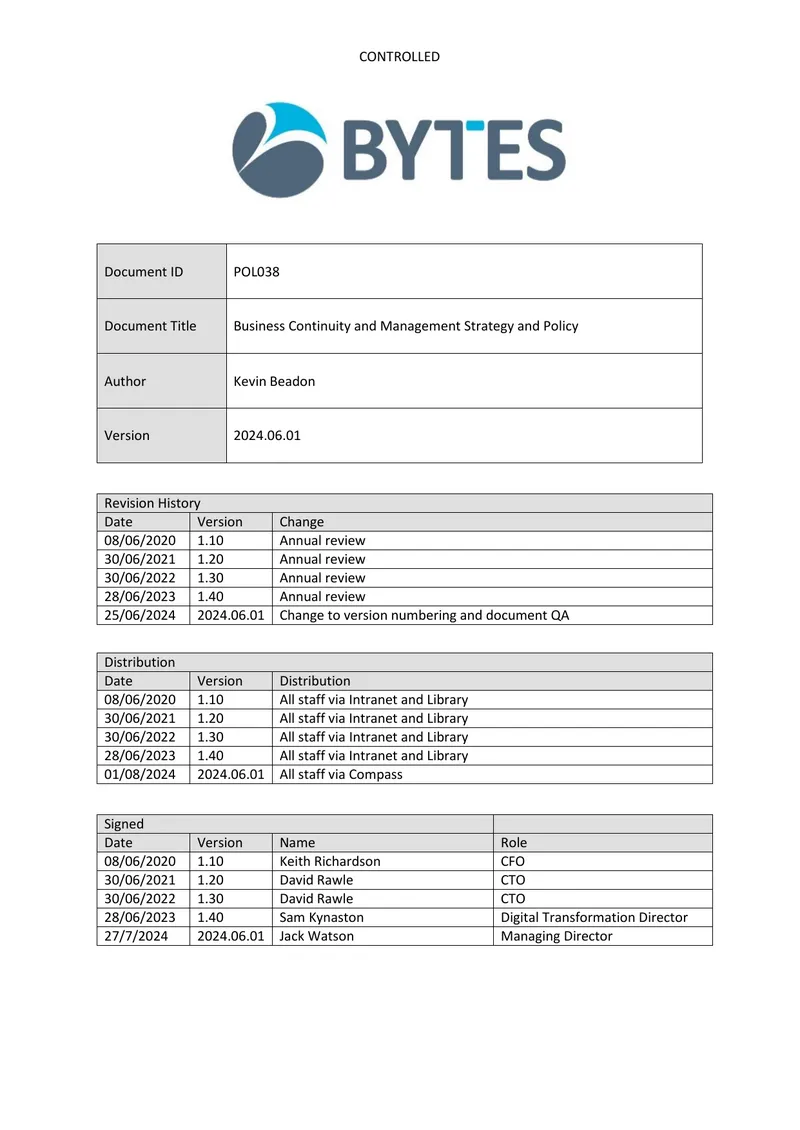 Business Continuity and Management Strategy and Policy preview page 1