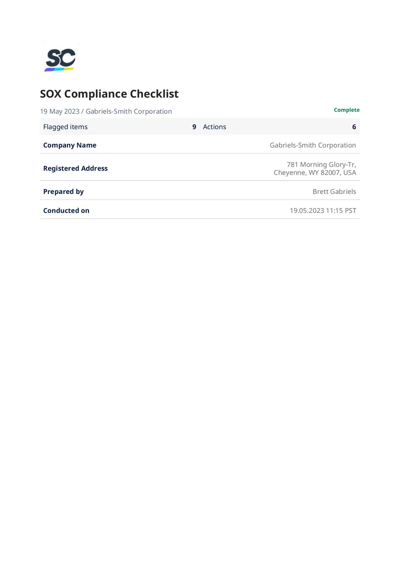 SOX Compliance Checklist for Gabriels-Smith Corporation preview page 1