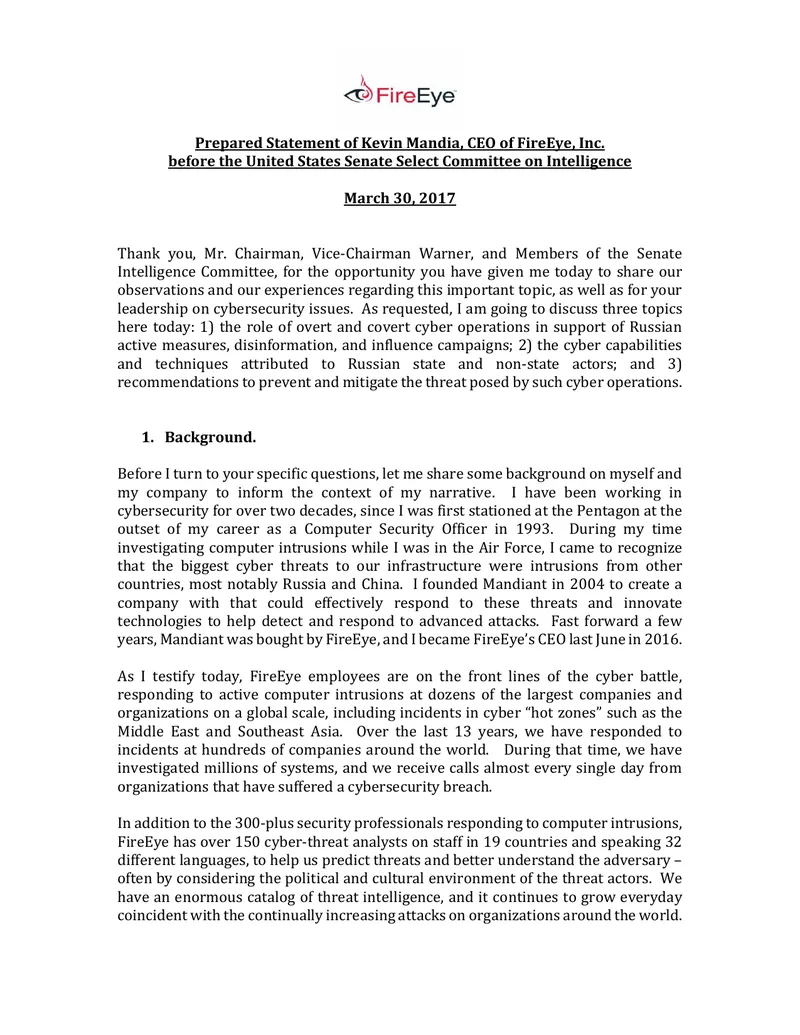 Prepared Statement on Cyber Operations and Russian Influence preview page 1