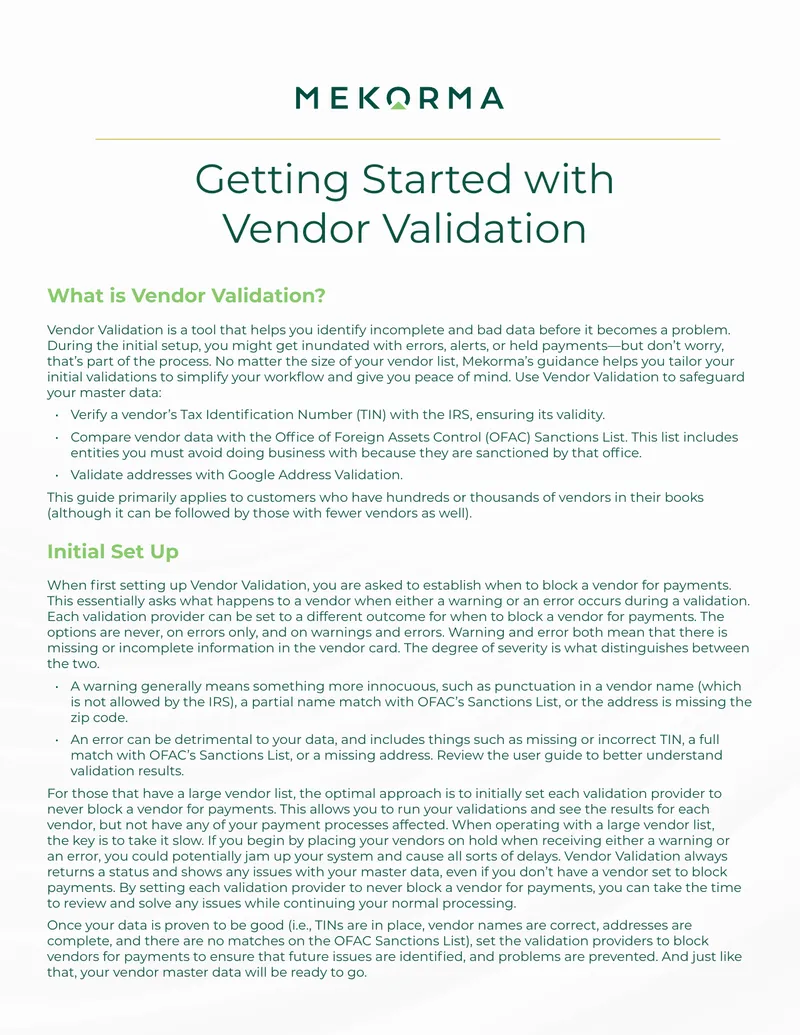Vendor Validation Setup and Management Guide preview page 1