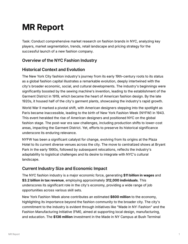 Market Research Report on NYC Fashion Industry preview page 1