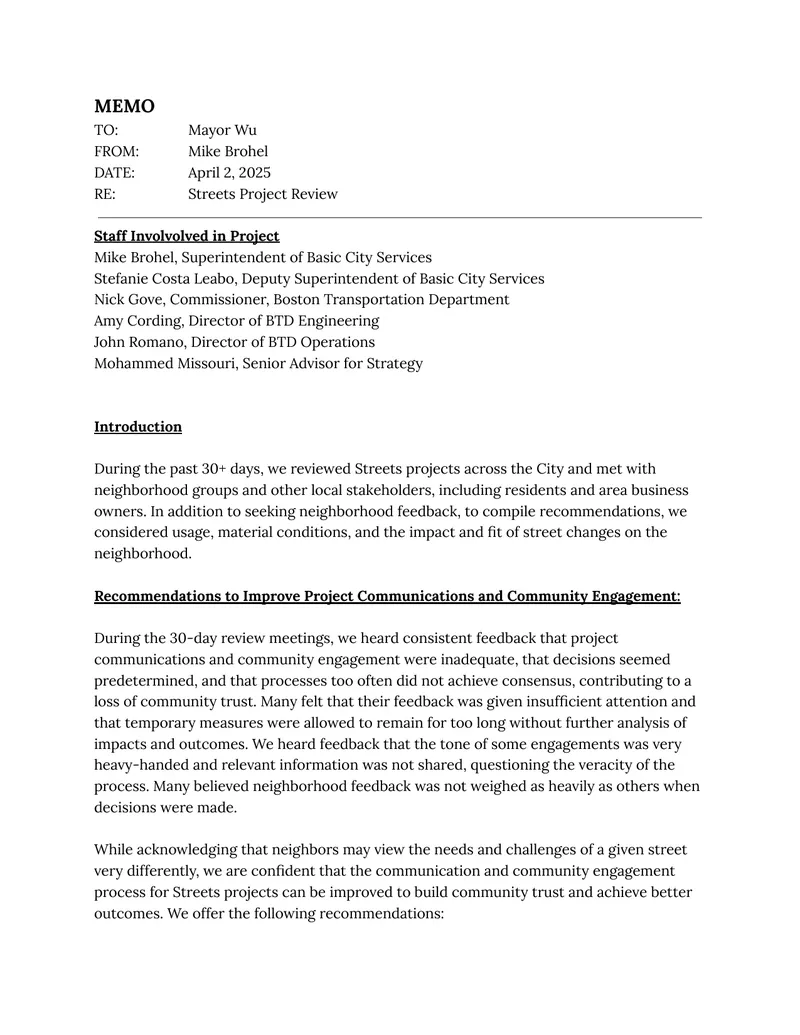 Streets Project Review and Recommendations preview page 1