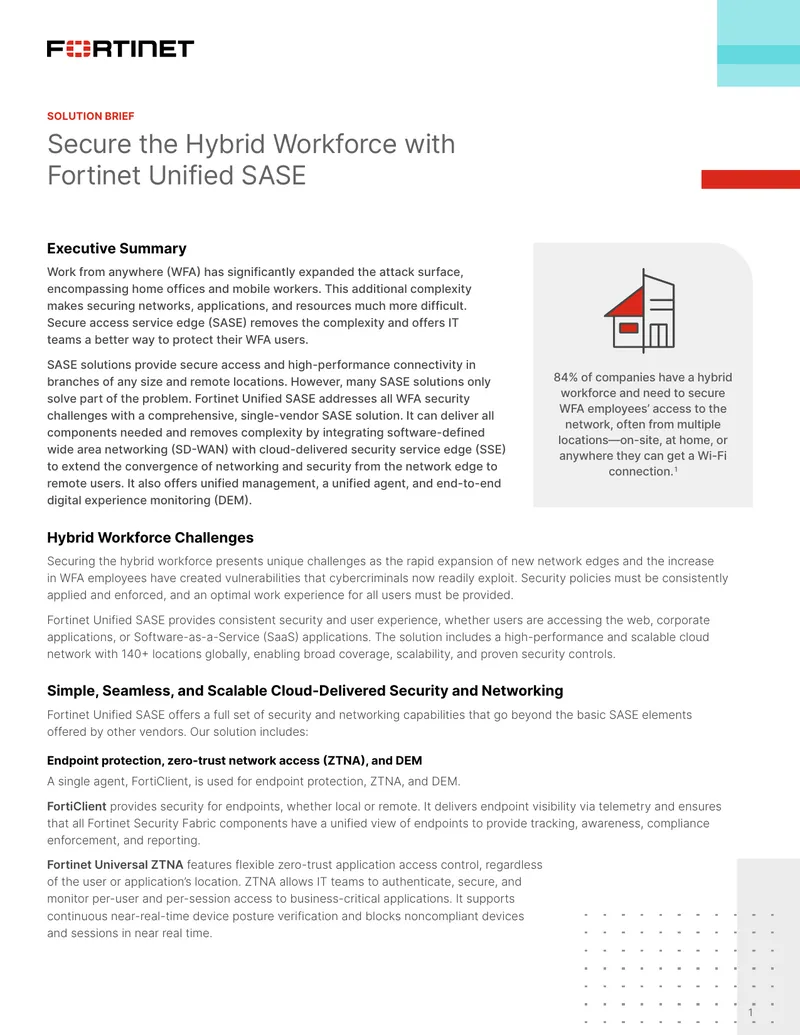 Fortinet Unified SASE for Hybrid Workforce Security preview page 1
