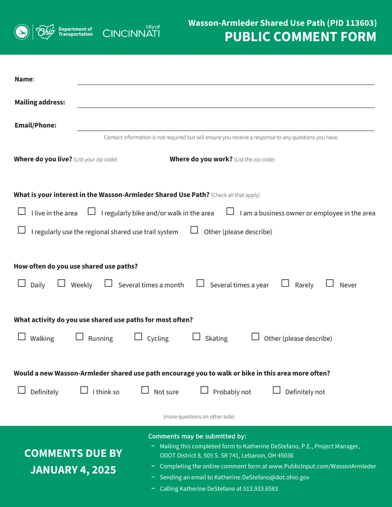 Wasson-Armleder Shared Use Path Public Comment Form preview page 1