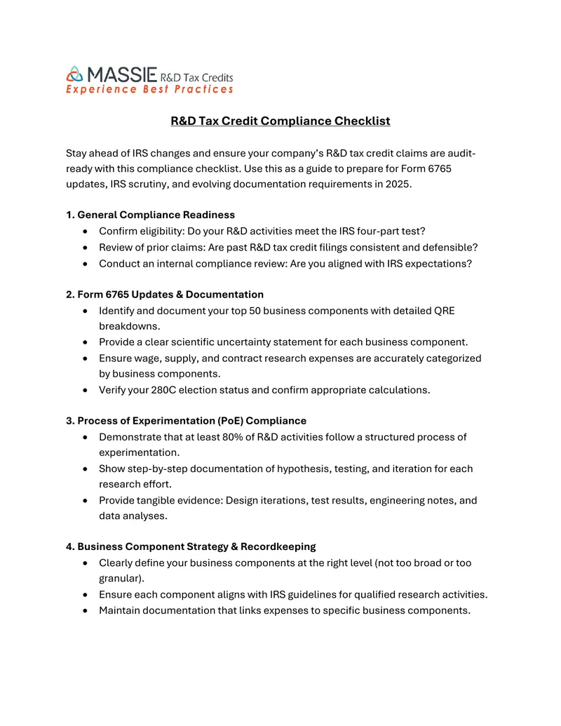 R&D Tax Credit Compliance Checklist preview page 1