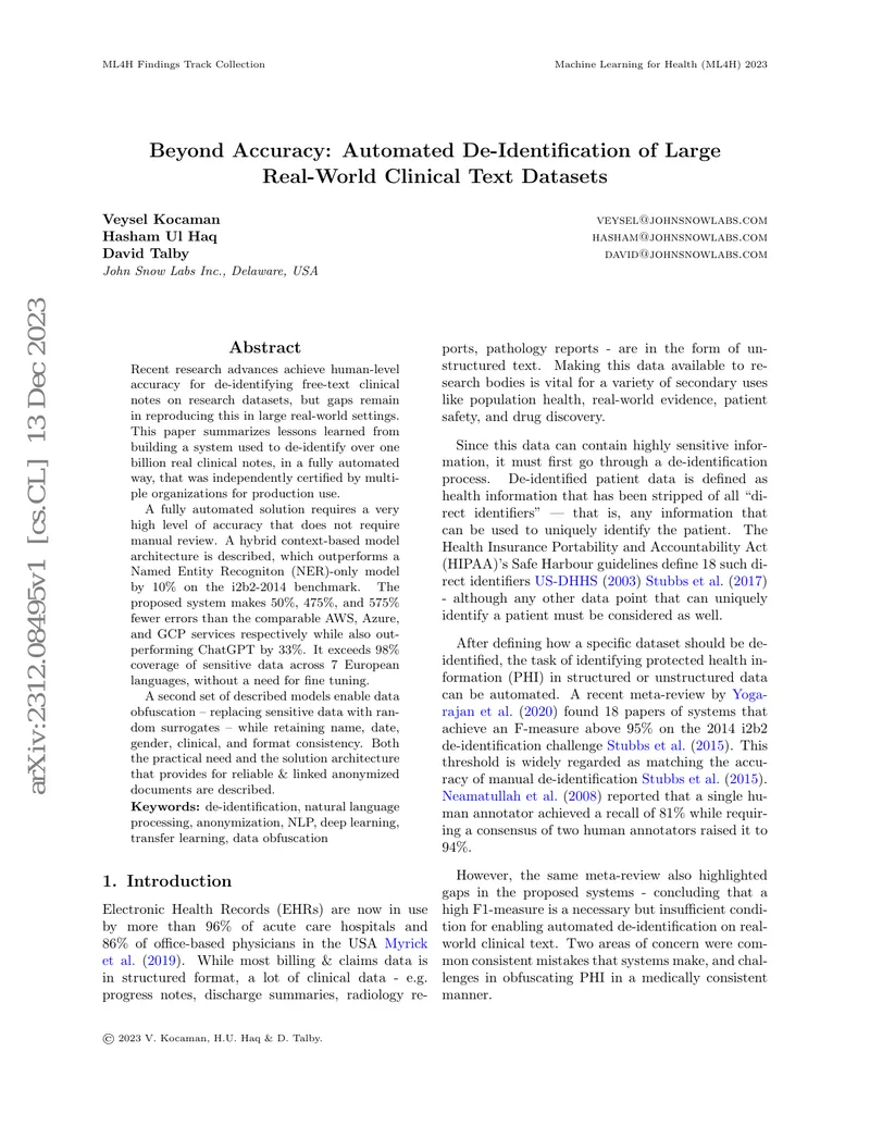Automated De-Identification of Clinical Text Datasets preview page 1