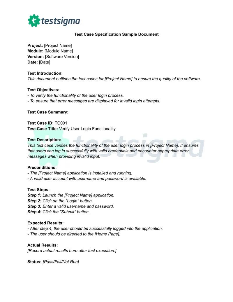 Test Case Specification Document for Software Quality preview page 1