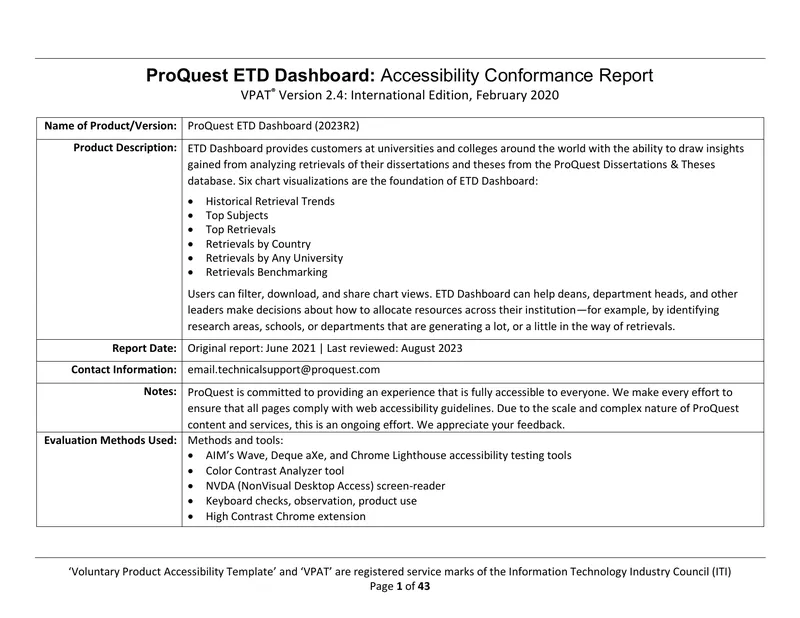 ProQuest ETD Dashboard Accessibility Conformance Report preview page 1