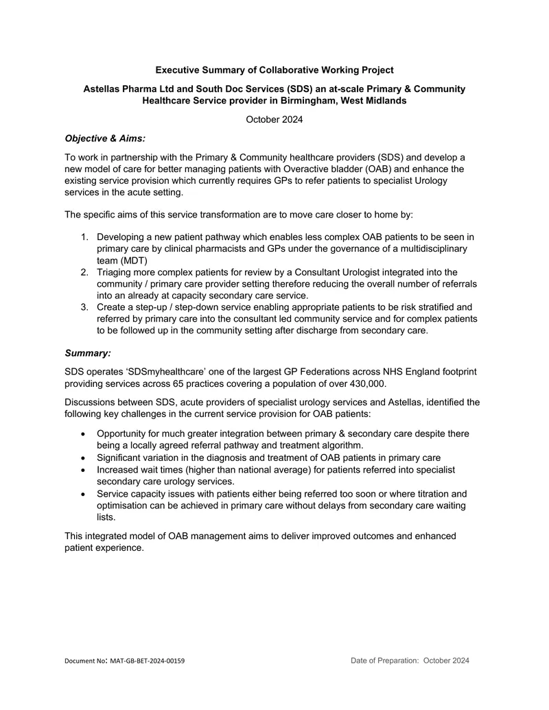 Collaborative Working Project for Overactive Bladder Management preview page 1