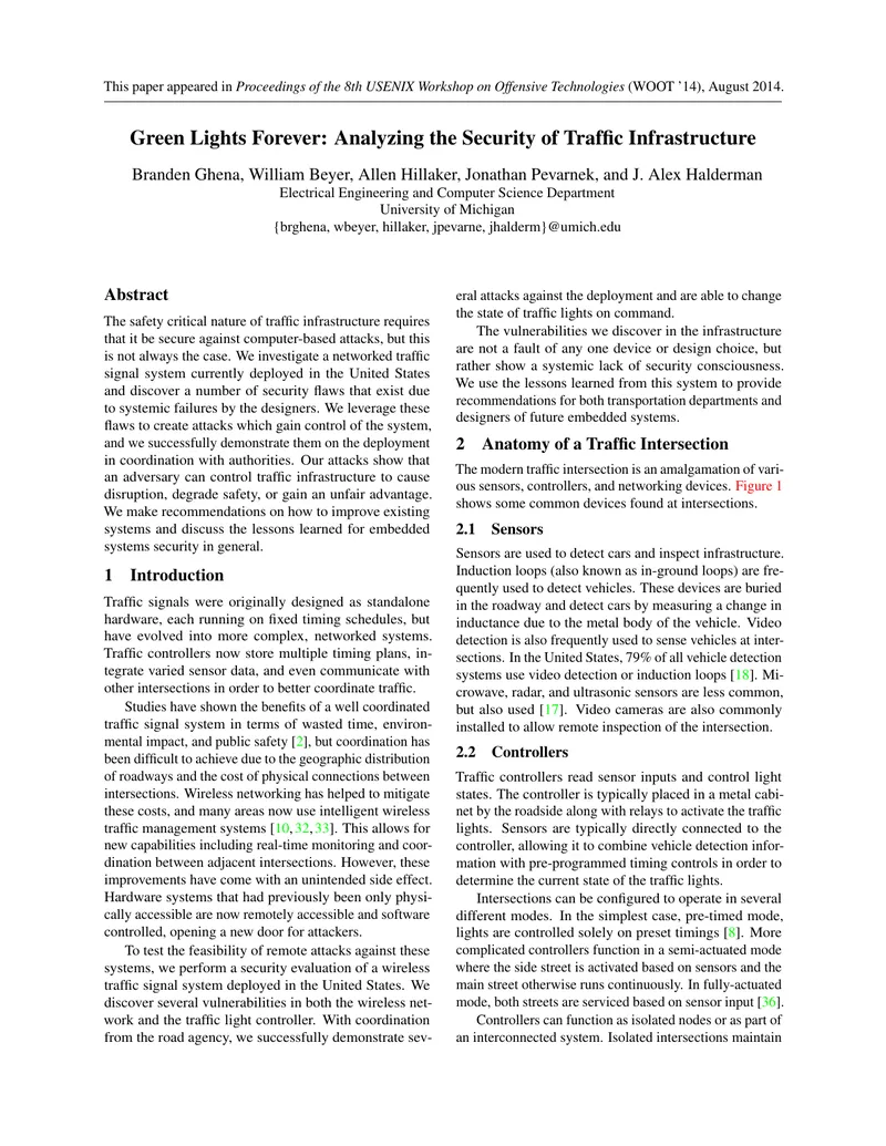 Security Analysis of Networked Traffic Signal Systems preview page 1