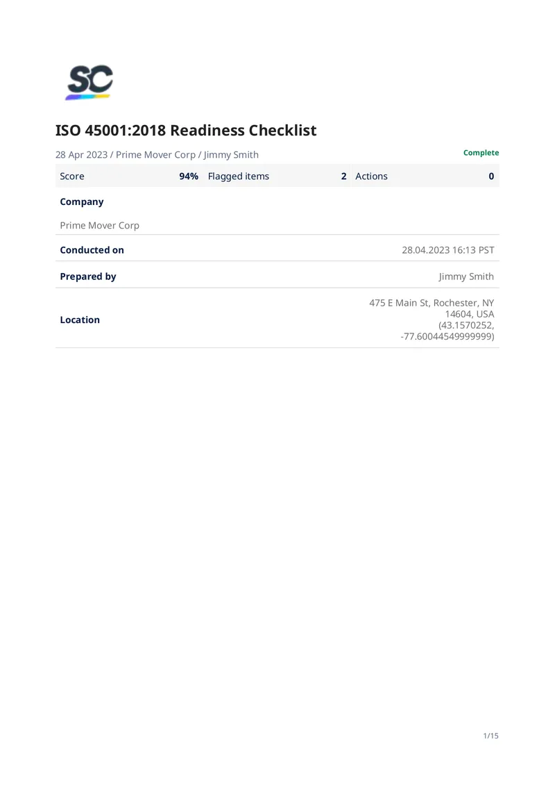 ISO 45001:2018 Readiness Checklist preview page 1