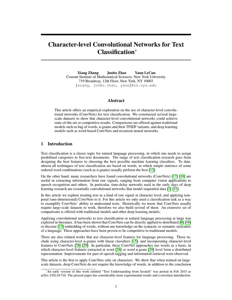 Character-Level Convolutional Networks for Text Classification preview page 1