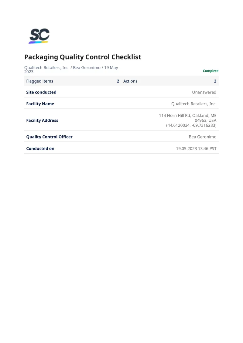 Packaging Quality Control Checklist preview page 1