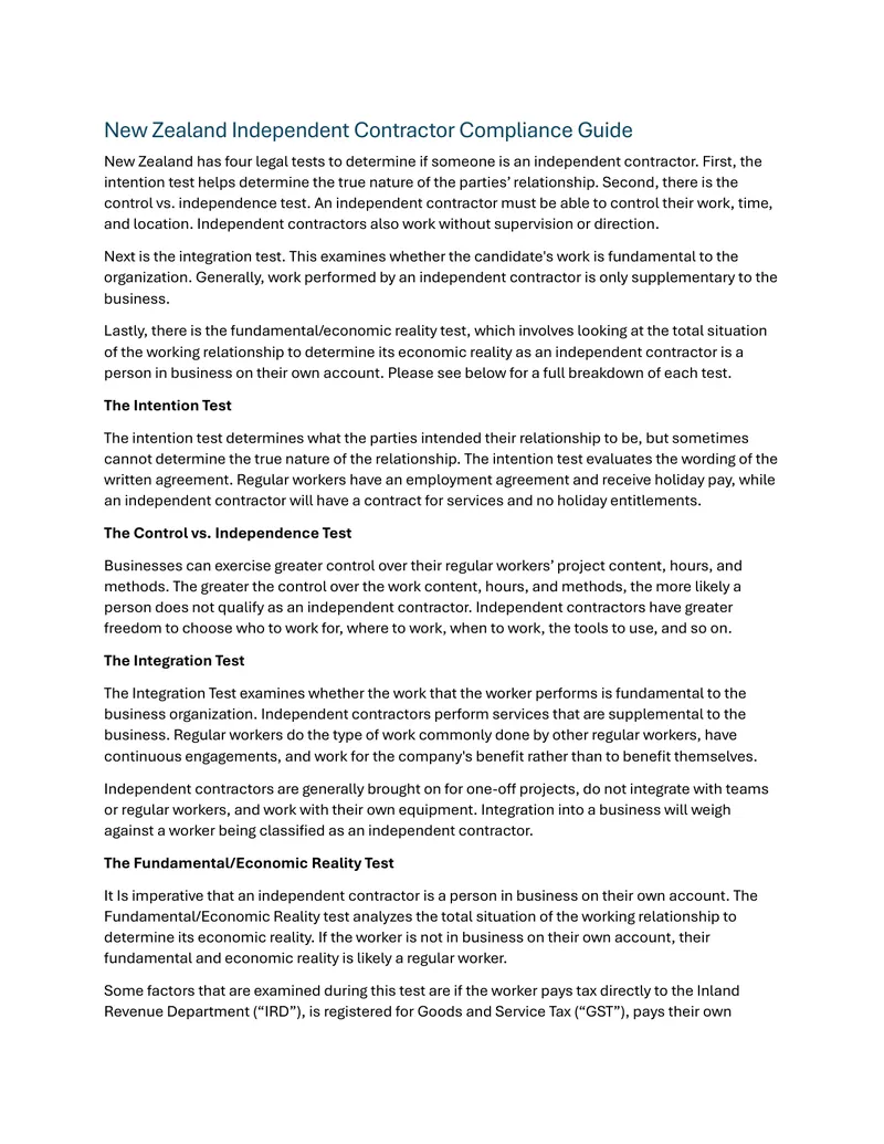 New Zealand Independent Contractor Compliance Guide preview page 1