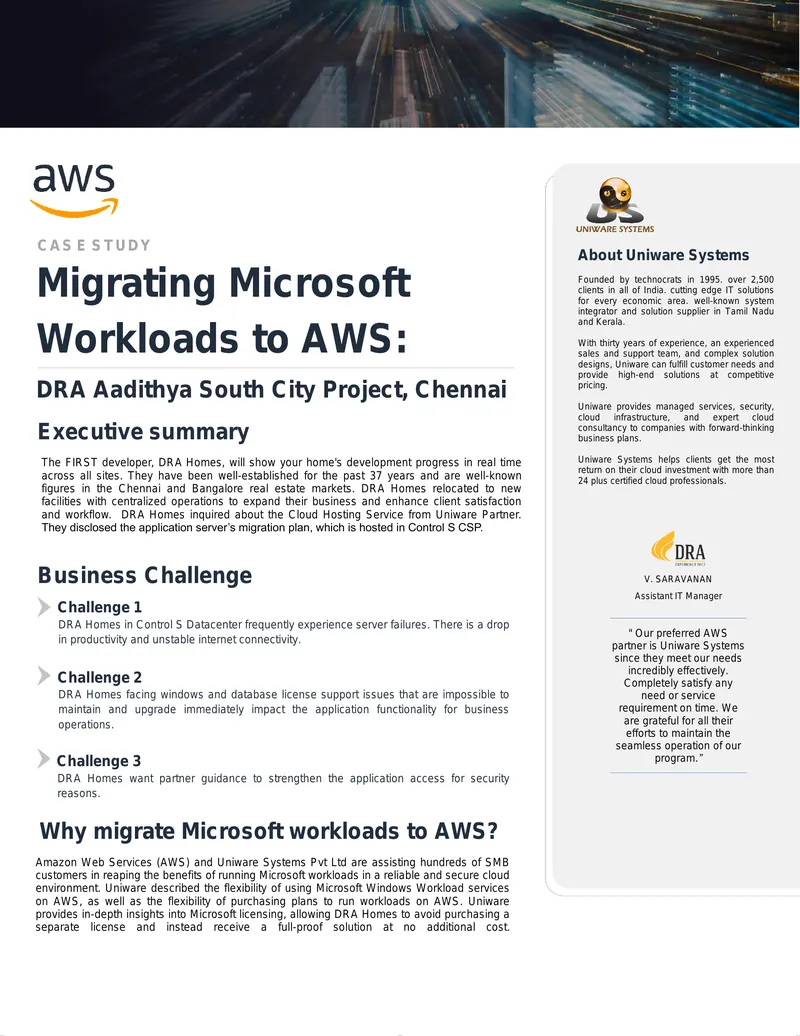Migrating Microsoft Workloads to AWS Case Study preview page 1