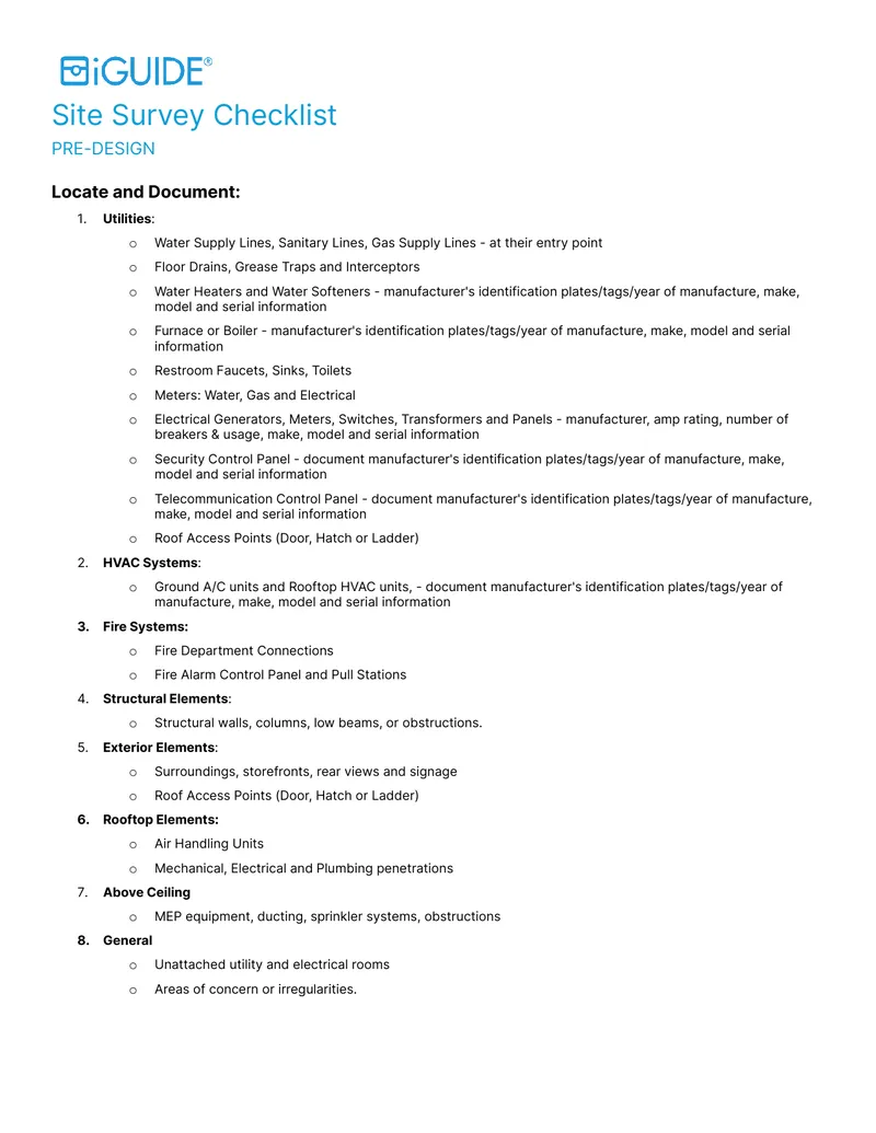 Site Survey Checklist for Pre-Design Phase preview page 1