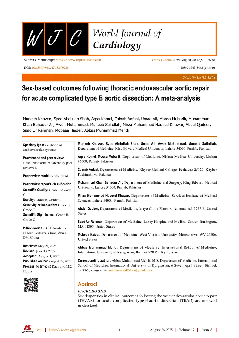 Sex-based Outcomes Following Thoracic Endovascular Aortic Repair preview page 1