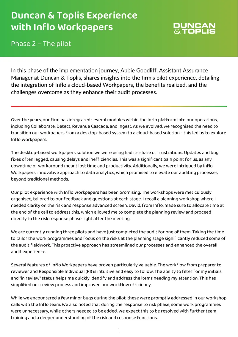 Duncan & Toplis Pilot Experience with Inflo Workpapers preview page 1